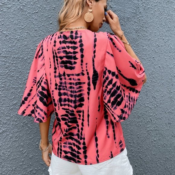 New Tie Dye Butterfly Sleeve Button Through Blouse Pink - Picture 3 of 4